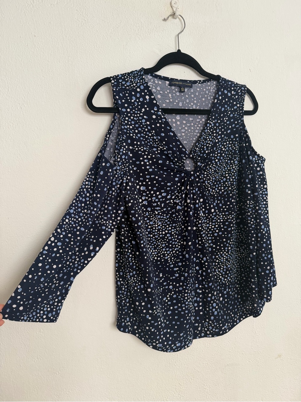Adrienne Vittadini Navy and White Dot Cold-Shoulder Blouse